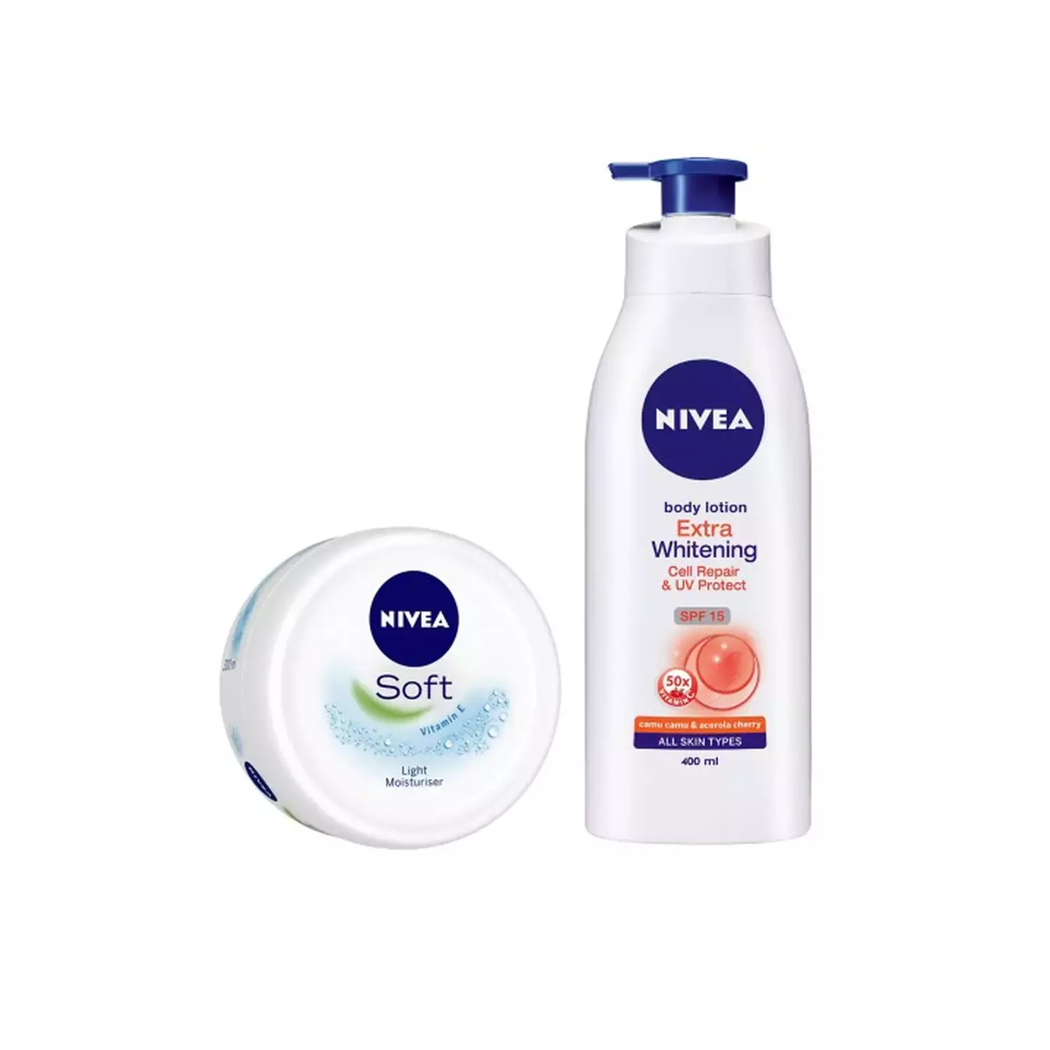 Nivea Set Of Extra Whitening Cell Repair Body Lotion & Soft Vitamin E Light Moisturiser