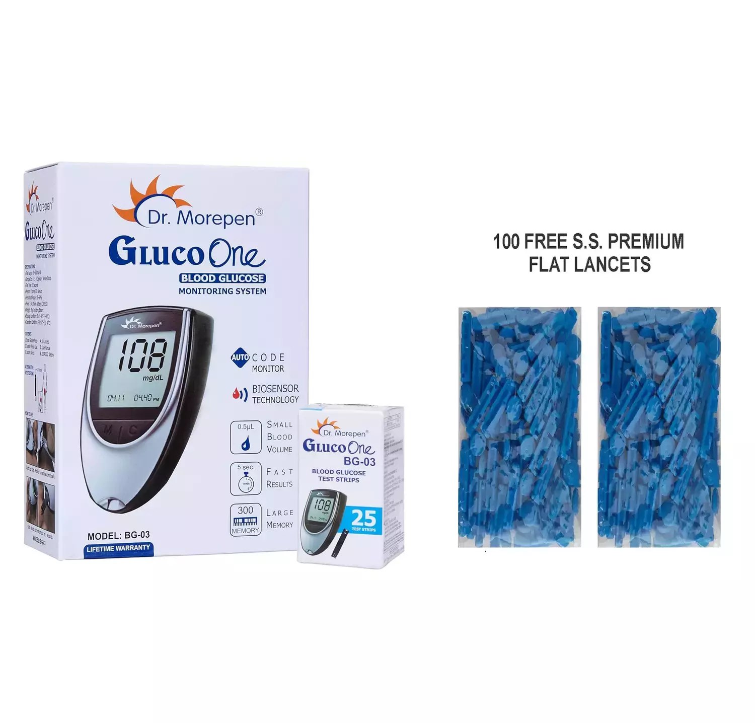 Dr. Morepen Bg 03 Glucometer Kit (With 25 Strips) With 2 Pack Round Lancet (50 Each) Free